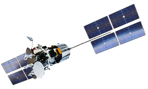 Modern telecommunication satellite isolated on transparency background, PNG format