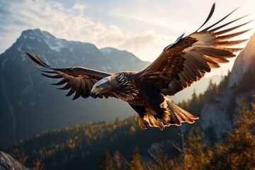 american bald eagle in flight above beautiful landscape, ai tools generated image