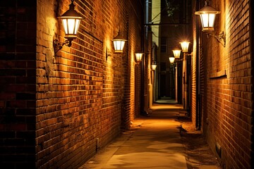 Vacant, slender alley flanked by weathered brick walls, gently illuminated by vintage lamppost, Street photography concept  - obrazy, fototapety, plakaty