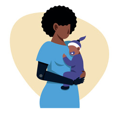 A vector image of a black woman with an arm prosthetics holding a baby. Disabled theme image - 666601623