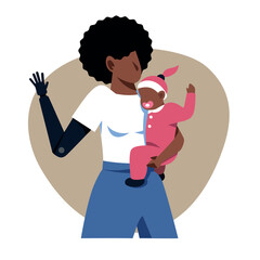 A vector image of a black woman with an arm prosthetics holding a baby. Disabled theme image - 666601841