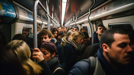 foule de personnes entassées dans un wagon de métro à l'heure de pointe - obrazy, fototapety, plakaty