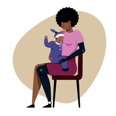 A vector image of a black woman with a leg and an arm prosthetics holding a baby. Disabled theme image - 666602062