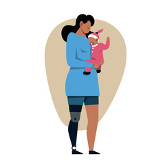 A vector image of a woman with an arm prosthetics holding a baby. Disabled theme image