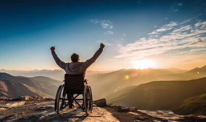 Handicapped male sitting in wheelchair on mountain peak. International Day of Persons with Disabilities (IDPD) concept Silhouette a disabled man in wheelchair raising his hands over  - obrazy, fototapety, plakaty