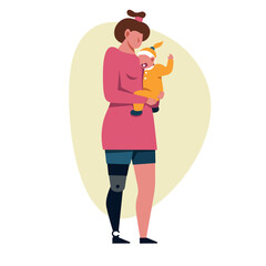 A vector image of a woman with an arm prosthetics holding a baby. Disabled theme image - 666602242
