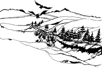 Hand drawn vector nature illustration with mountains  on first view. Using for travel and nature background and card. vector formats