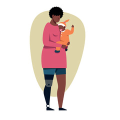 A vector image of a black woman with an arm prosthetics holding a baby. Disabled theme image - 666602245