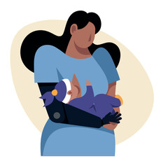 A vector image of a hispanic woman with an arm prosthetics holding a baby. Disabled theme image - 666602427