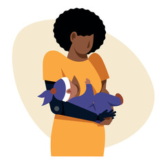 A vector image of a black woman with an arm prosthetics holding a baby. Disabled theme image - 666602483