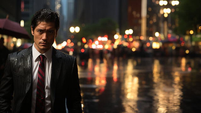 Schöner Business Mann Anzug mit futuristischen Hintergrund blickt in die Kamera im Querformat, ai generativ