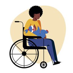 A vector image of a black woman in a wheelchair holding a baby. Disabled theme image - 666602617