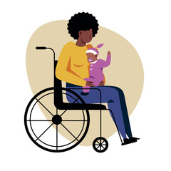 A vector image of a black woman in a wheelchair holding a baby. Disabled theme image - 666602826