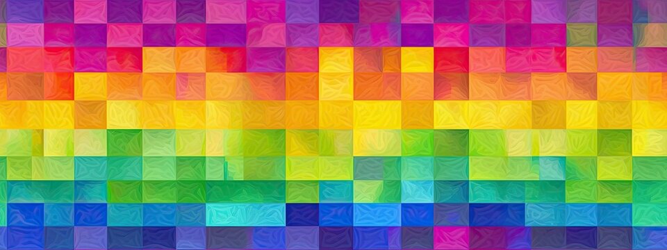 Seamless psychedelic rainbow heatmap patchwork squares pattern background texture. Trippy hippy abstract geometric dopamine dressing fashion motif. Bright colorful neon wallpaper or retro pattern