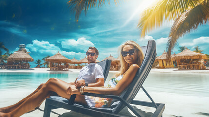 Beautiful couple smiling man and woman sitting in sun lounger, looking into camera against sea beach backdrop on vacation in travel resort. - Powered by Adobe