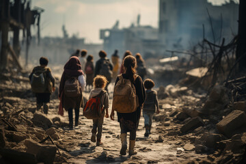 a group of refugees, women and children with backpacks leave the destroyed city