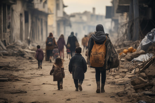 a group of refugees, women and children with backpacks leave the destroyed city