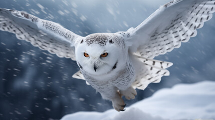 Close-up of a flying snowy owl at winter