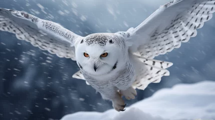 Crédence de cuisine en verre imprimé Harfang des neiges Close-up of a flying snowy owl at winter