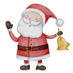 Santa claus ring the bell . Christmas theme . Watercolor paint cartoon character . PNG .