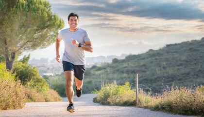 Hombre atlético de unos 35 años corriendo por un sendero en medio del bosque, con ropa deportiva. Corriendo de frente, libremente a través de un camino, con una paisaje hermoso natural de fondo. 
