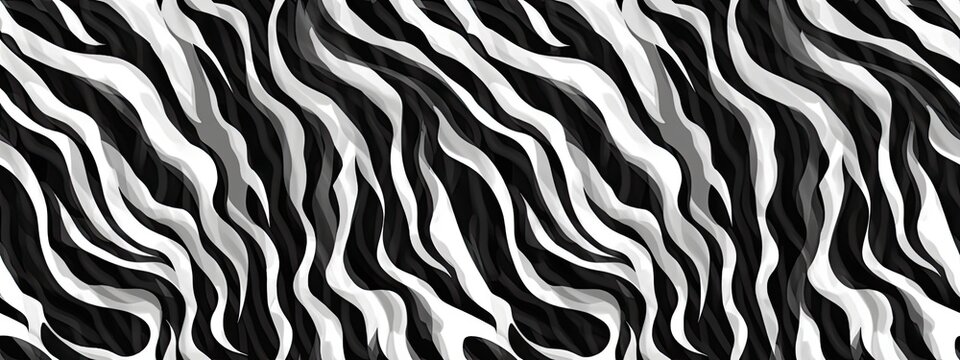 Seamless tiger stripe fur or zebra skin pattern. Tileable black and white safari wildlife animal print background texture. Monochrome warbled abstract wavy wonky abstract lines motif