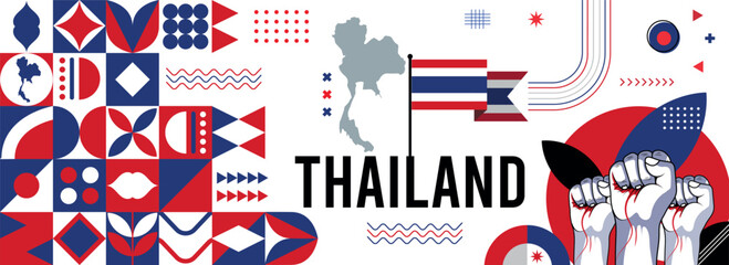 Thailand national day banner with abstract modern design. Flag and map of thailand with typography red blue color theme background