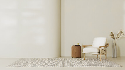 Beige contemporary minimalist interior with curvy wall ,armchair, blank wall, coffee table, rug and decor. 3d render illustration mockup