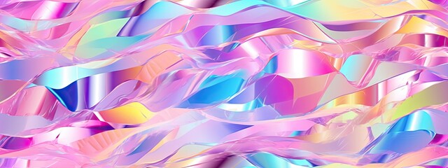 Seamless trendy iridescent rainbow surreal molten fantasy glass refraction background texture. Soft pastel holographic pattern. Modern unicorn gradient and foil abstract nostaligic vaporwave effect