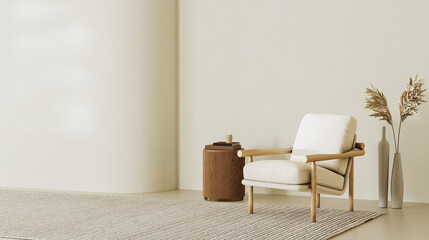 Beige contemporary minimalist interior with curvy wall ,armchair, blank wall, coffee table, rug and decor. 3d render illustration mockup