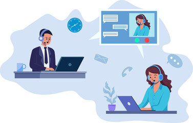 Business Video Conference of Business Partners. Online Meeting. Work Remotely. Flat Vector Illustration