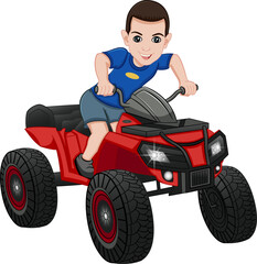 Fototapeta na wymiar Cartoon Cheerful Boy on an ATV. Vector Illustration of a Cute Character