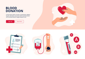 Blood donation concepts. Give blood, save life. World Blood Donor Day. Vector website banner templates with various illustrations.