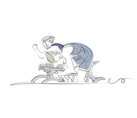 Cyclists out racing along country lanes Line art vector Illustration. Cycling