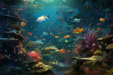 Naklejka na ściany i meble Underwater scene with colorful fish. Generative AI