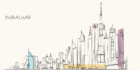 Line art of Dubai City Center United Arab Emirates.Line art vector of skyline of Duai. Explore dubai. Isolated design for printing. - obrazy, fototapety, plakaty