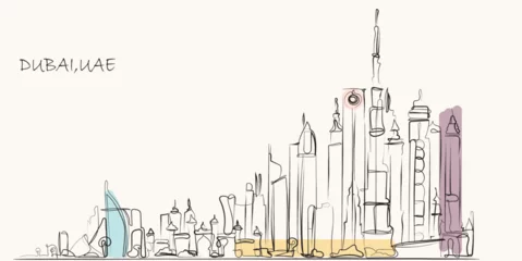 Foto op Plexiglas Line art of Dubai City Center United Arab Emirates.Line art vector of skyline of Duai. Explore dubai. Isolated design for printing. © Rubab