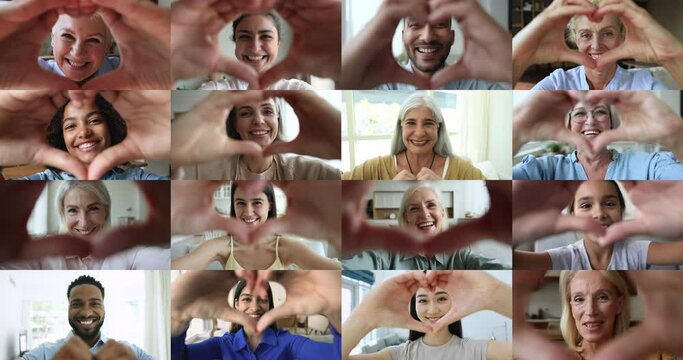E-date e-services for singles, medical insurance, dental clinic professional services advertisement. Collage of smiling faces of different people showing symbol of love, express affection feel happy