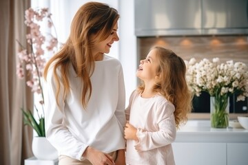 Cute little girl greeting mother and Mom enjoying in daughter's affection at home. Mother's day concept.