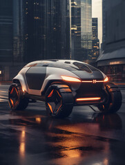 A futuristic concept electric vehicle in a city.
