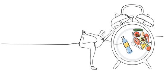 Continuous line art Girl stand balanced in yoga pose waiting for time to eat. Yoga. Patience. Intermittent fasting. Woman doing sports, fitness. Dieting, proper nutrition.Time restricted eating.