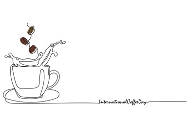 cup of coffee with beans. International Coffee day first October. Coffee lovers. Coffee cup on saucer with inscription. Coffee time Continuous one line drawing, Hot beverage with steam and lettering V