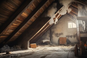 A mold contamination in an attic space, showcasing potential trouble spots in the home. Generative Ai