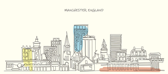 Manchester New Hampshire City Skyline with Buildings Vector Illustration. Business Travel and Tourism Concept with Historic and Modern Architecture. Manchester USA Cityscape Line Art