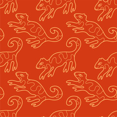 Seamless pattern with Chinese golden tigers on a red background. Bright cartoon print. Suitable for fabric, cards, covers and so on.