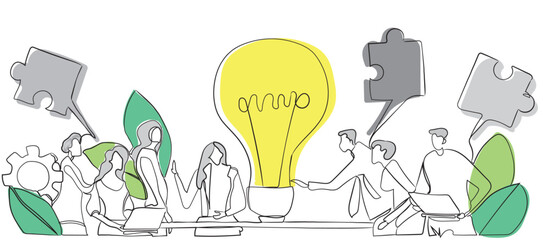 Team of professional people talking over the meeting. light bulb as a symbol of new idea and finding solution. Developing, taking a risk, support and solving the problem business concept line art