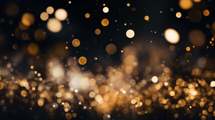 Abstract gold and silver christmas bokeh on dark blue and black background.
