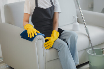 The cleaning staff is cleaning the furniture inside the house, Wear rubber gloves and an apron and work with a happy smile, Use a towel to wipe the couch, cleaning idea.