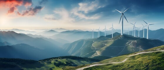 Renewable energy wind turbines on the mountain - obrazy, fototapety, plakaty