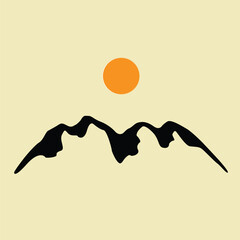 This is a vintage desert landscape with mountains and sunset.